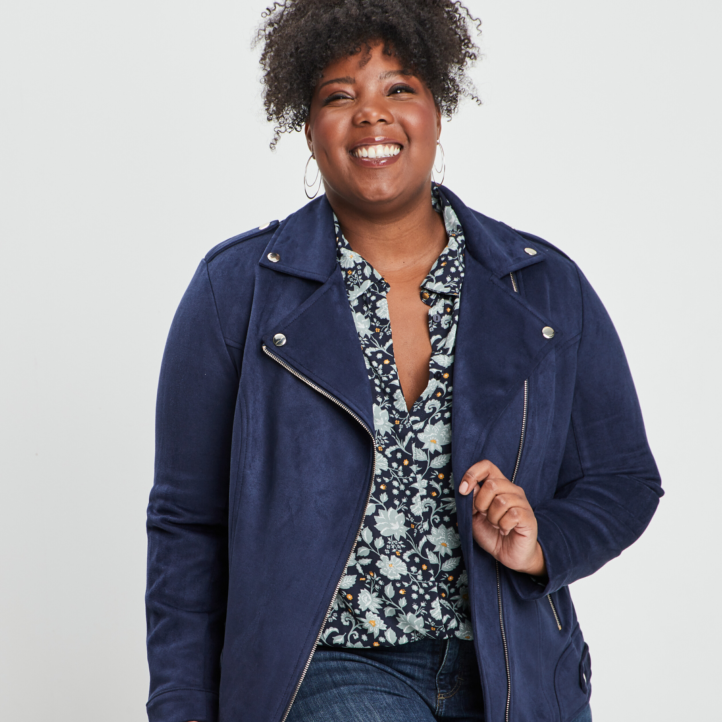 Blouson zippé effet suédine style biker bleu marine femme grande taille | La Halle
