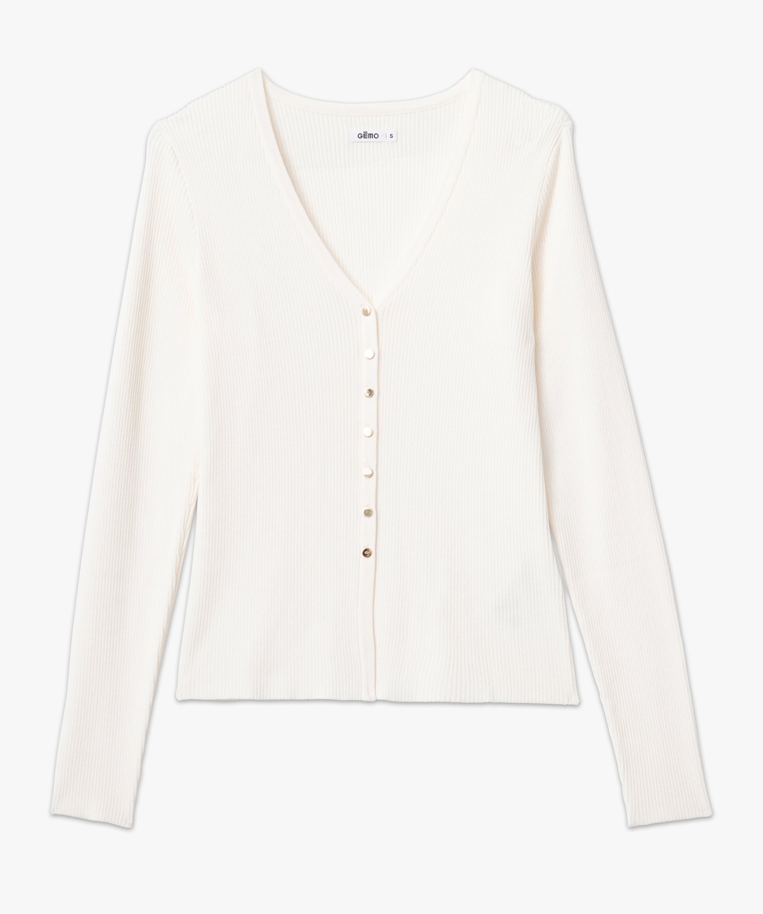 Gilet col V en maille ctelée coupe ajustée femme ecru | GEMO