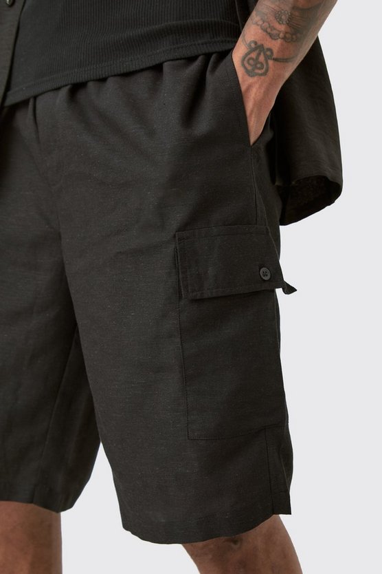 Tall lockere Leinen-Cargoshorts mit elastischem Bund in Schwarz