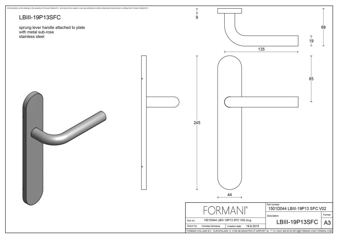 Formani 1501D244ICXX0F BASICS LB3-19P13SFC vzmetna ročaja na slepi zadnji plošči iz nerjavečega jekla z mat PVD vzorcem