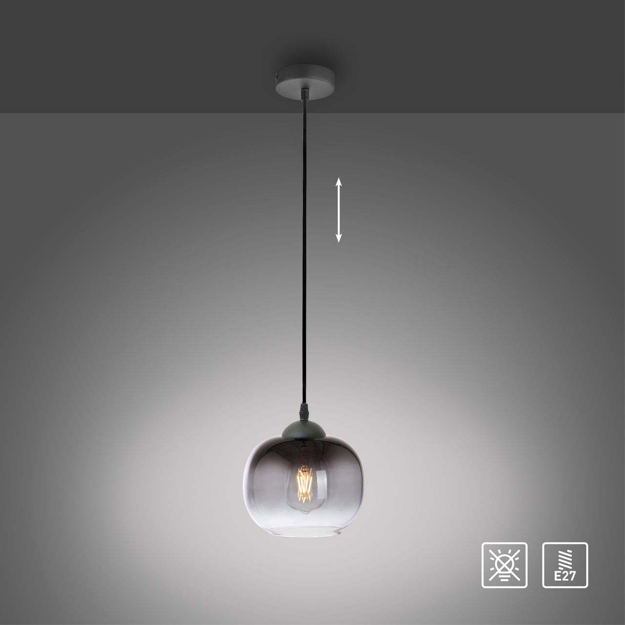 JUST LIGHT Pendelleuchte ZEA, 1x E27/25 Watt max., Glas in Rauchfarben, Schwarz