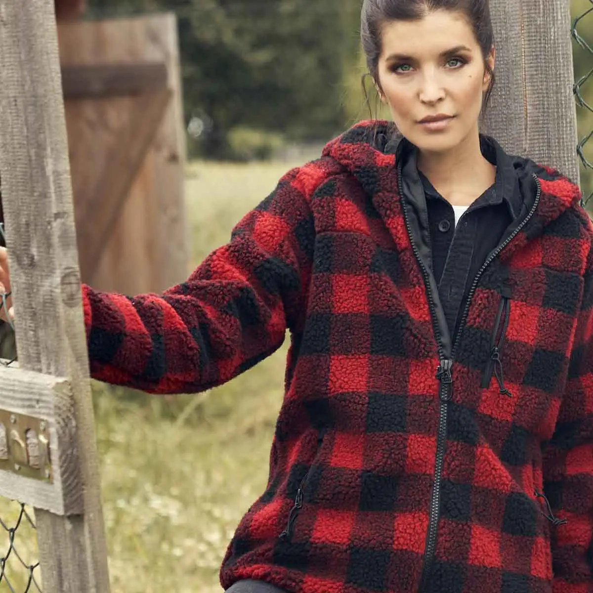 Ladies Teddyfleece Jacke rot-schwarz