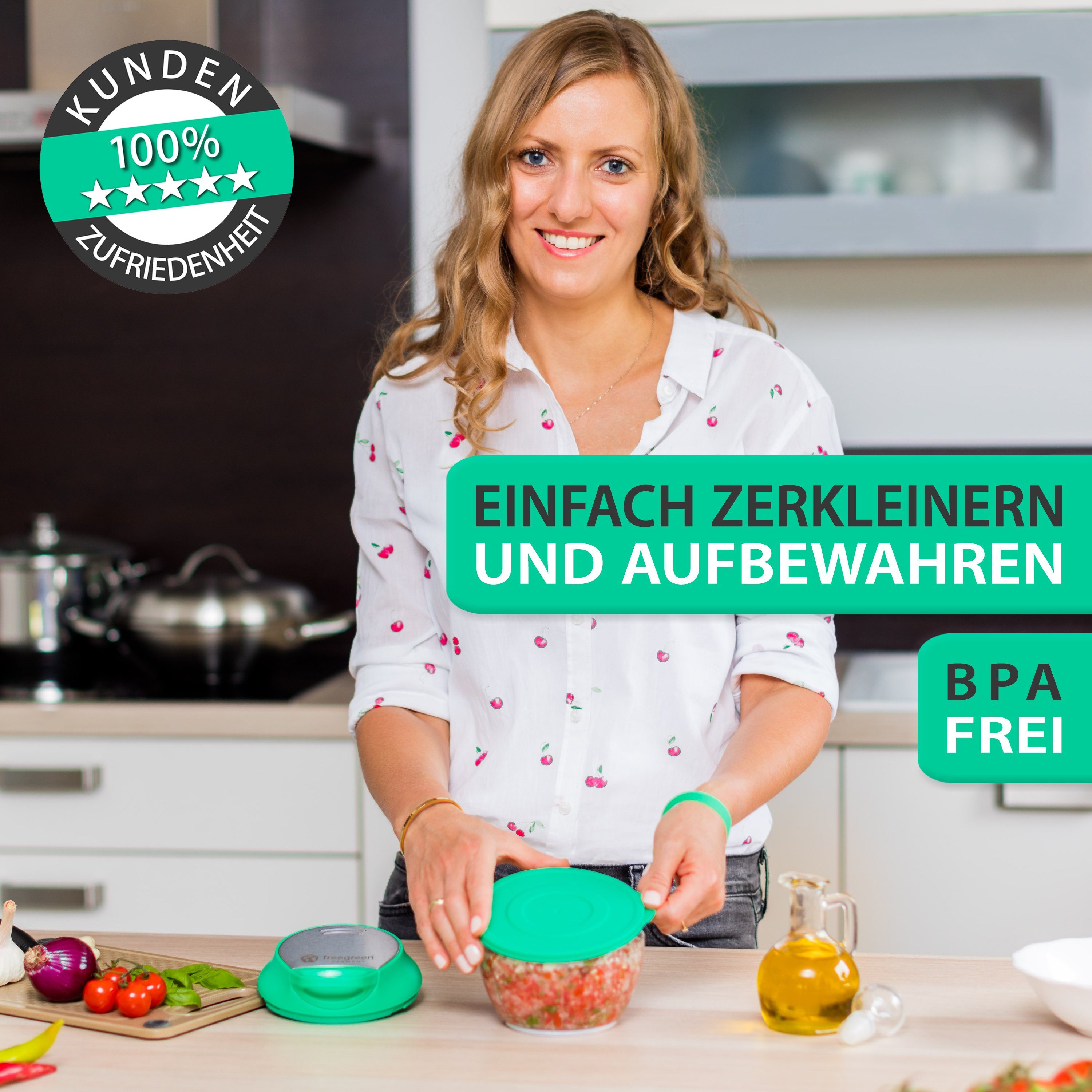 freegreen® Zwiebelhacker 540 ml, Multi-Zerkleinerer I Zwiebelschneider I Universalzerkleinerer, Edelstahl Gemüseschneider mit Mixer-Einsatz und Frischhaltedeckel