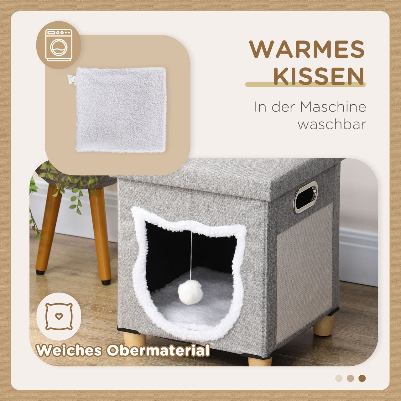 PawHut Katzenhöhle, Katzenhaus mit Kissen Ottomane mit Spielball Polyester, Grau