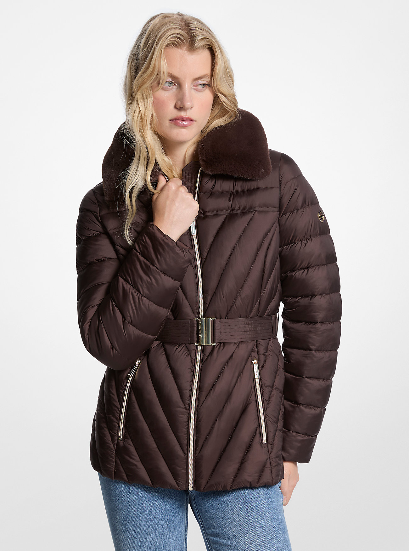 Faux Fur Trim Packable Nylon Puffer Jacket - CHOCOLATE
