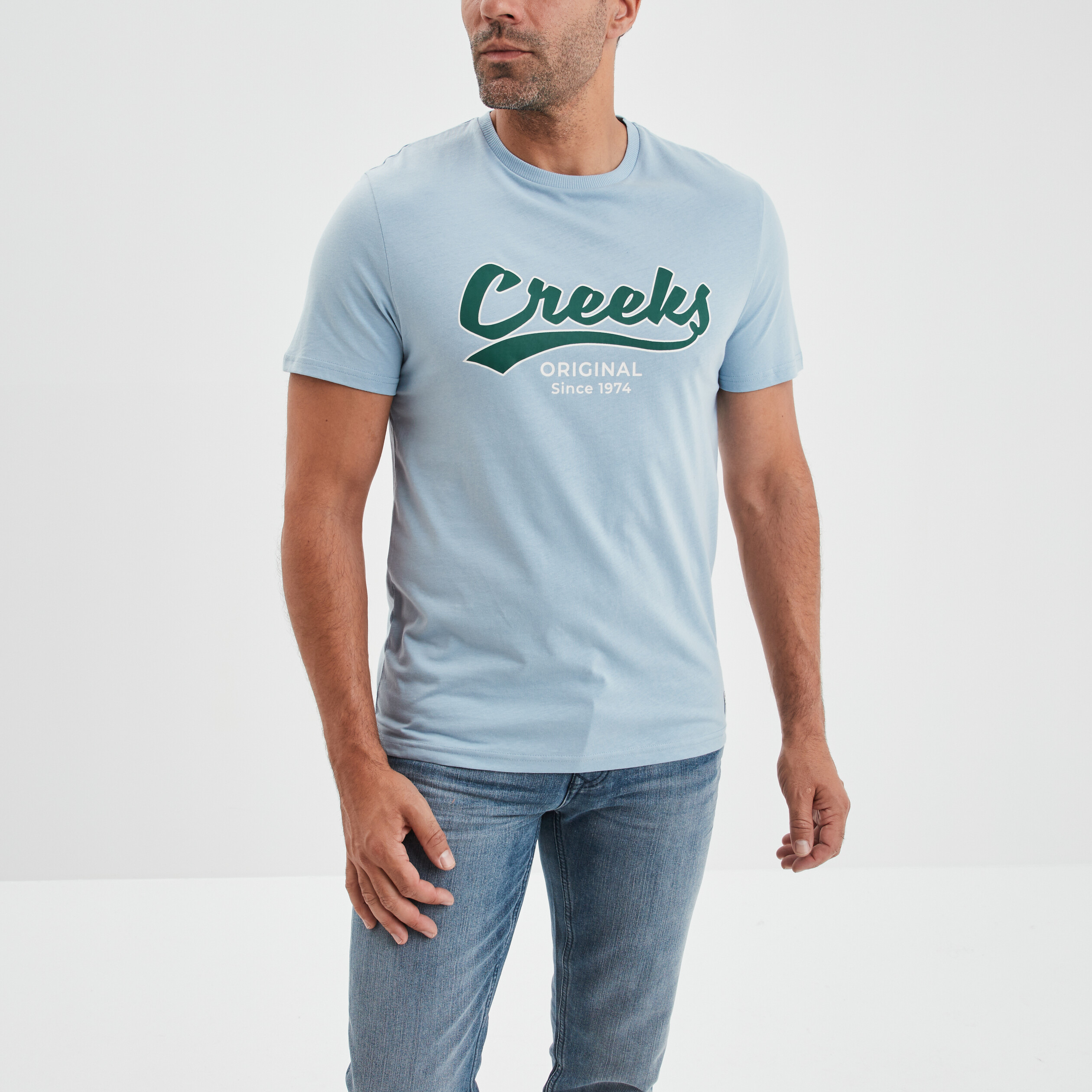 T-shirt col rond manches courtes Creeks bleu ciel homme | La Halle