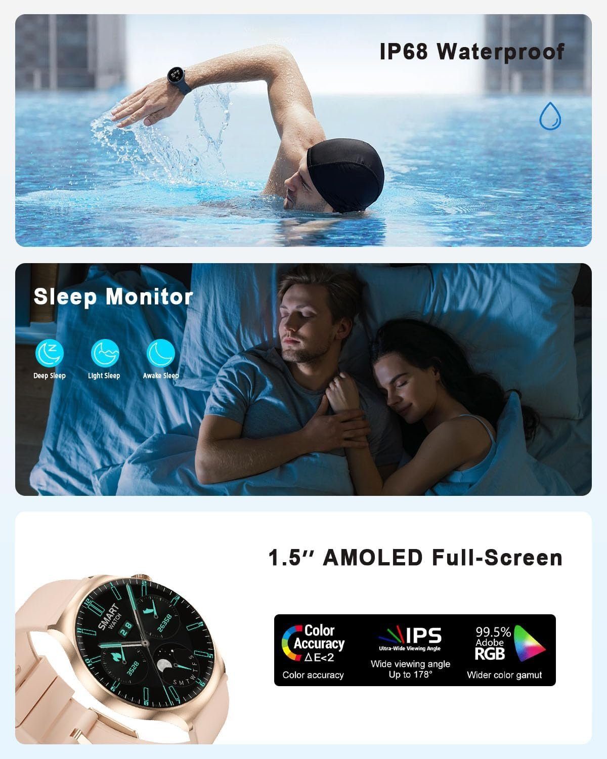 Yuede Smartwatch Damen Herren,Neueste Runde Fitness Uhr mit Anruffunktion Smartwatch (1,46 Zoll TFT HD Explosionssicherer gehärteter Glasbildschirm Zoll) Fitness Tracker Armbanduhr mit Schrittzähler, Blutsauerstoff, Blutdruckmessung, Schlafqualität,