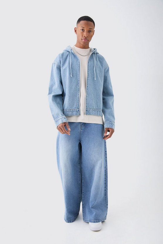 Kastiger Denim-Hoodie mit Reißverschluss