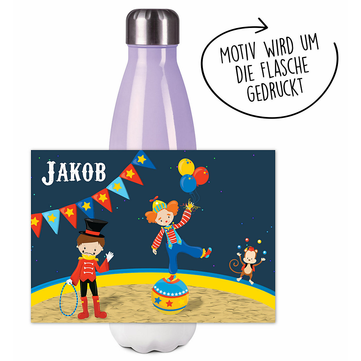 Edelstahl Kinder Thermoflasche / Trinkflasche bunt Circus Spülmaschinenfest, Auslaufsicher, Bruchfest, Doppelwandig, Für Heißgetränke geeignet, Mit Deckel, Isoliert