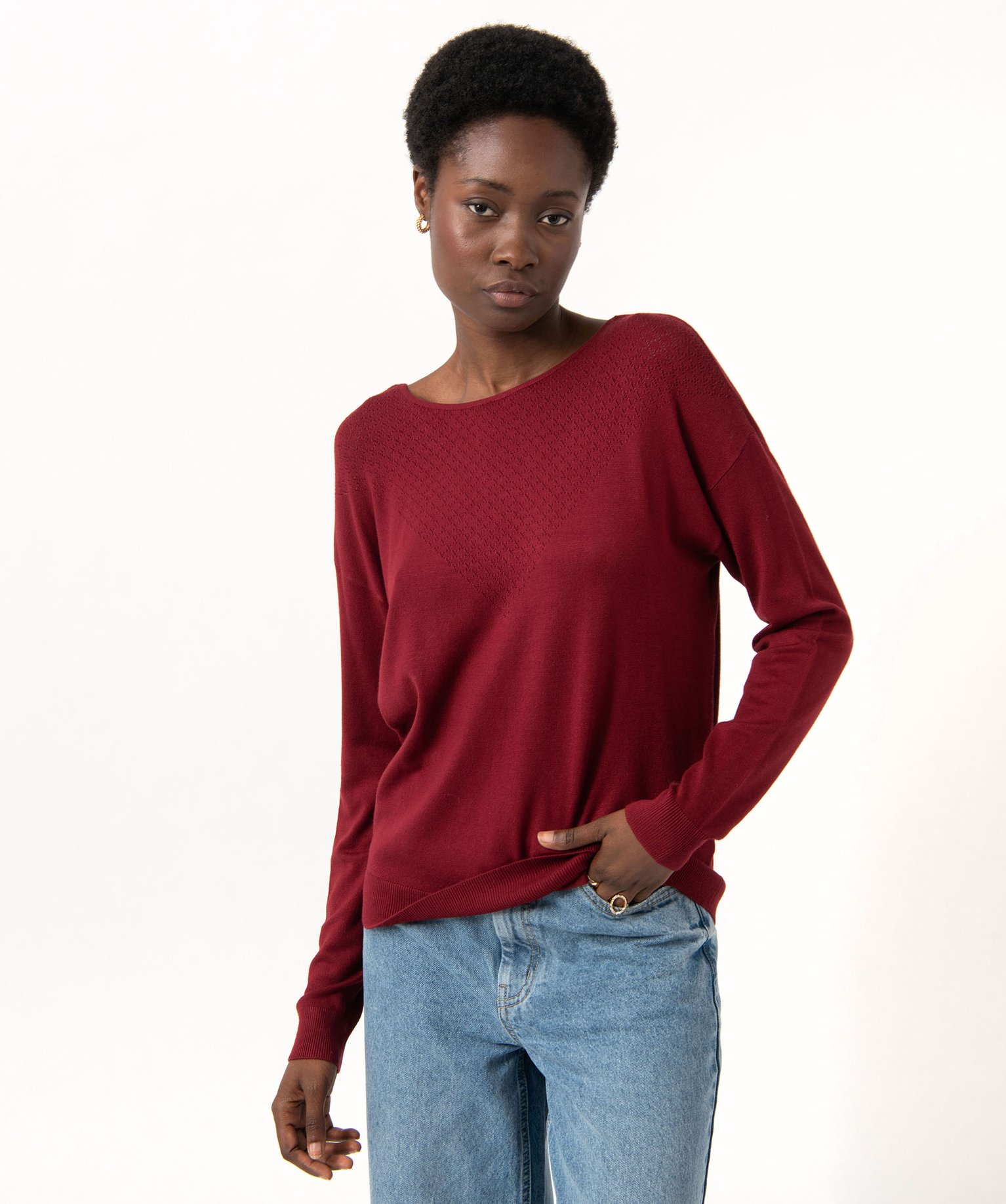 Pull fin à col rond avec dos croisé femme bordeaux | GEMO