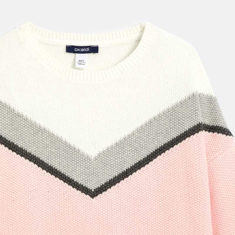 Pull jacquard col rond rose fille