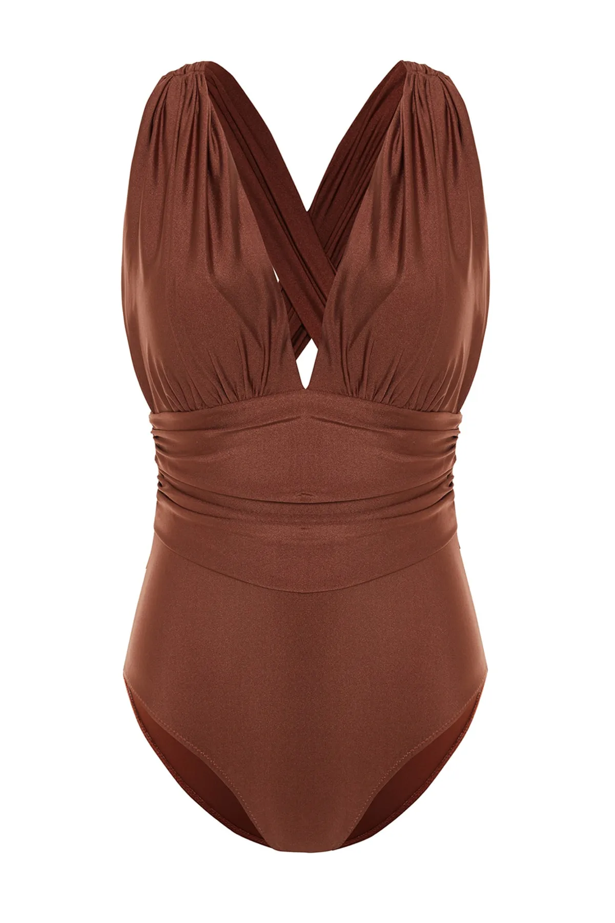 Trendyol Collection  Brauner tief ausgeschnittener, drapierter Badeanzug mit normalem Bein TBESS20MA0294