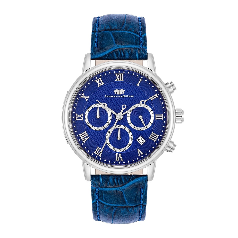 Rhodenwald & Söhne Chronographe Moonlight en Argent Cuir véritable en Bleu Montre