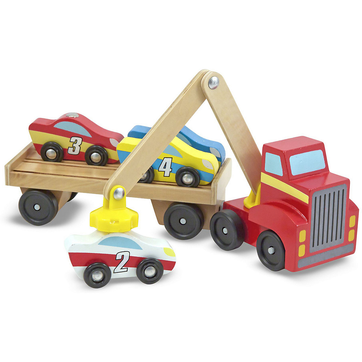 Magnetischer Autoverladekran aus Holz mit Fahrzeugen, 6 Teile