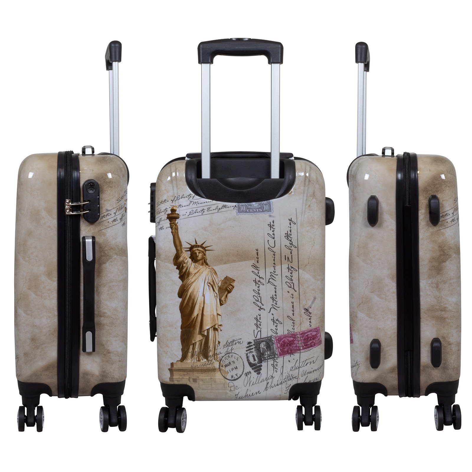 Trendyshop365 Hartschalen-Trolley New York - Freiheitsstatue, bunter Koffer mit Motiv, 3 Größen, 4 Rollen, Zahlenschloss, Polycarbonat, Dehnfalte