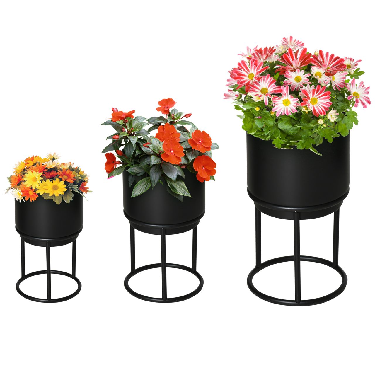 Outsunny 3er Set Blumenständer mit Blumentopf aus Metall Pflanzenständer Set Blumenhocker Blumentopfhalter Pflanzenhocker Schwarz