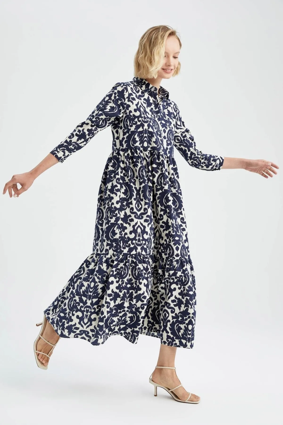 DeFacto  Maxi-Langarmkleid mit Hemdkragen und Retro-Muster