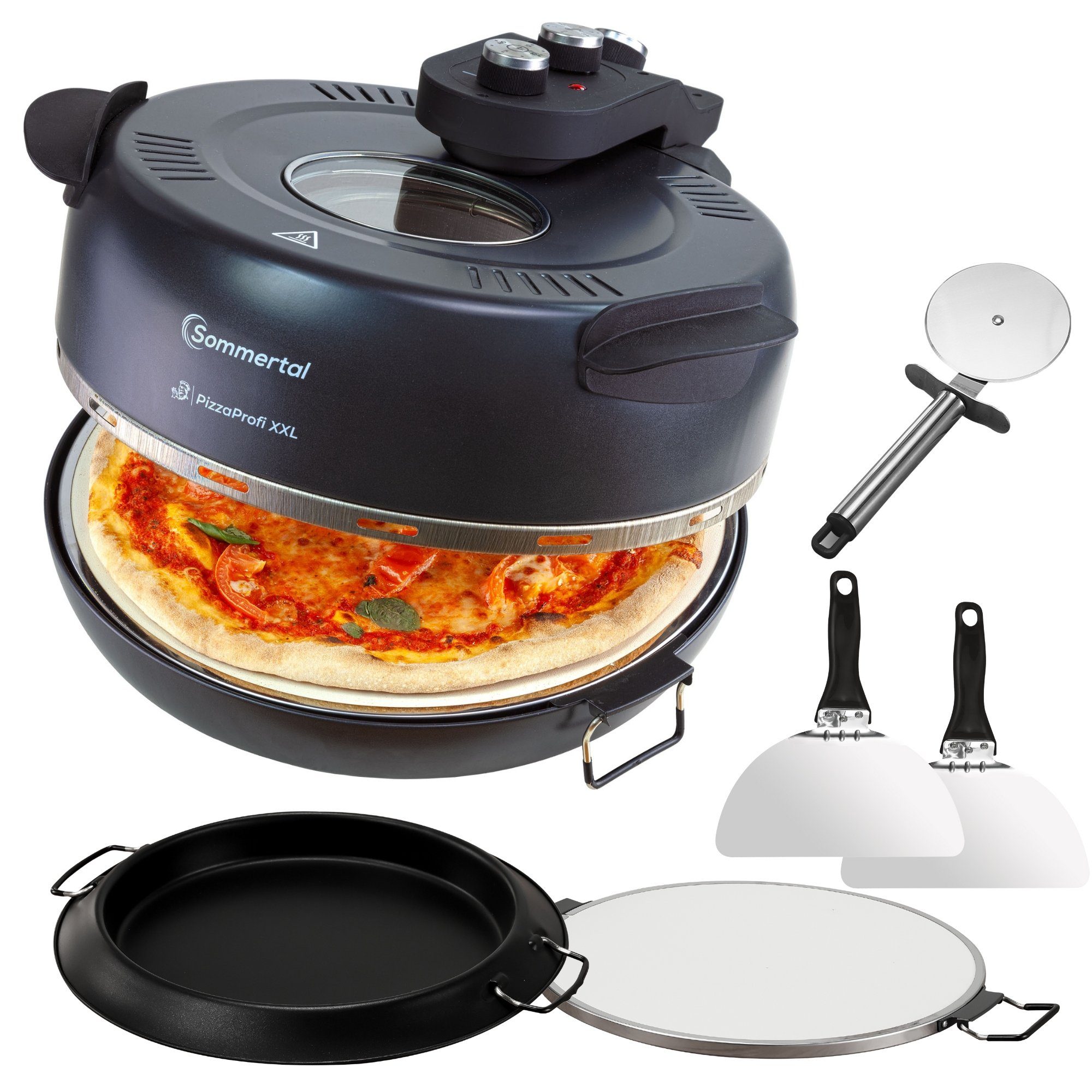 Sommertal Pizzaofen Sommertal PizzaProfi XXL Pizzaofen, 39cm Pizzastein, mit Pfanneneinsatz, 2x Pizzaschieber, Pizzaschneider, Steinplatte