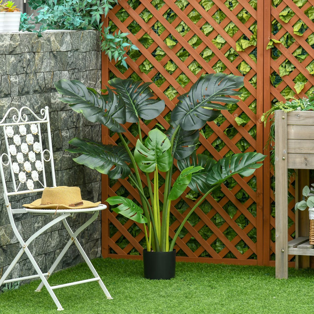 HOMCOM künstliche Pflanzen 110 cm künstlicher Monstera Kunstpflanze Zimmerpflanze Dekopflanze Büropflanze Kunststofftopf für drinnen und draußen