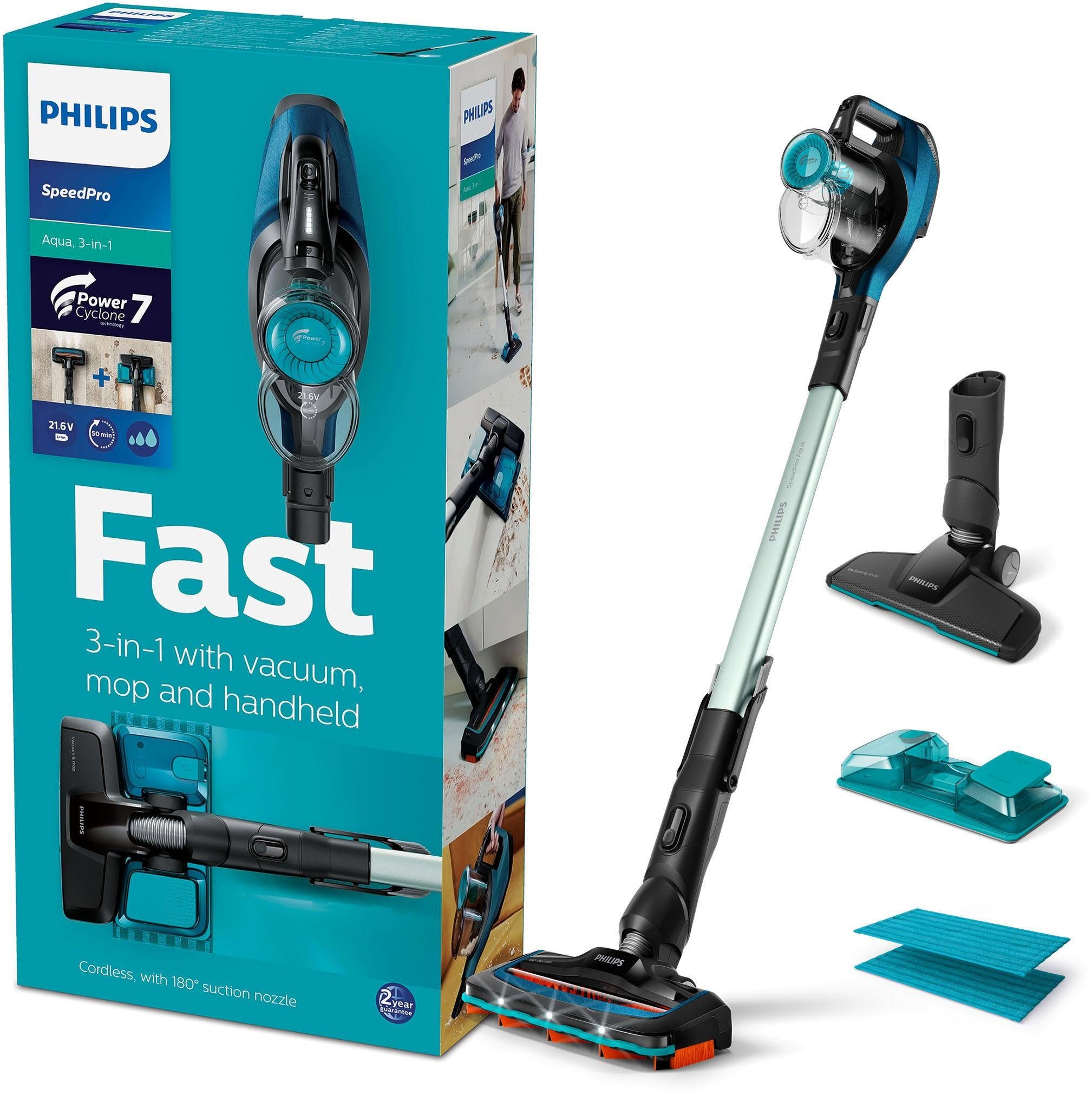 Philips Nass-Trocken-Akkusauger FC6728/01 SpeedPro Aqua, beutellos, mit 50 Minuten Akkulaufzeit, Wischfunktion und 180°-Saugdüse