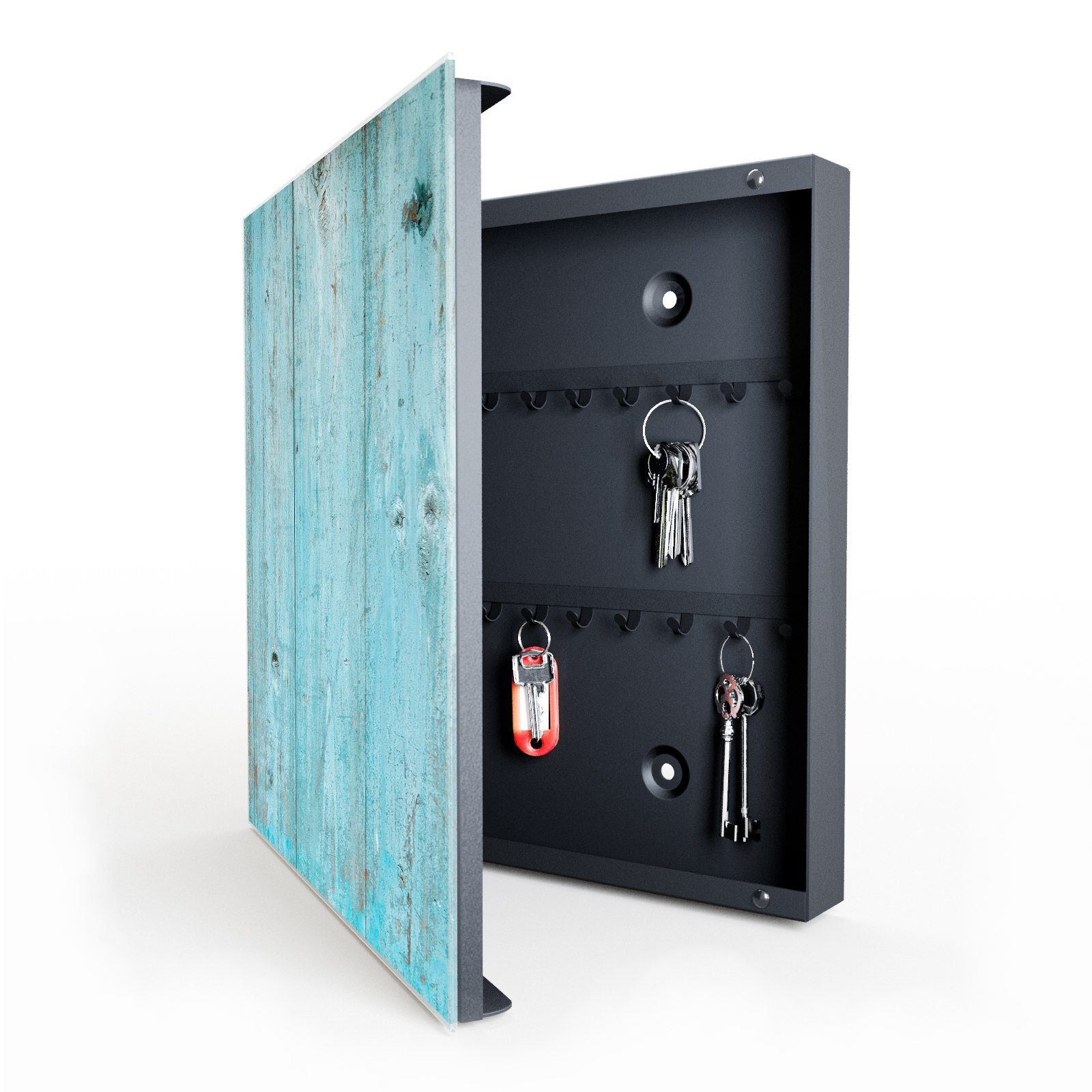Primedeco Schlüsselkasten Magnetpinnwand mit Glasfront Holzplatten Türkis (1 St)