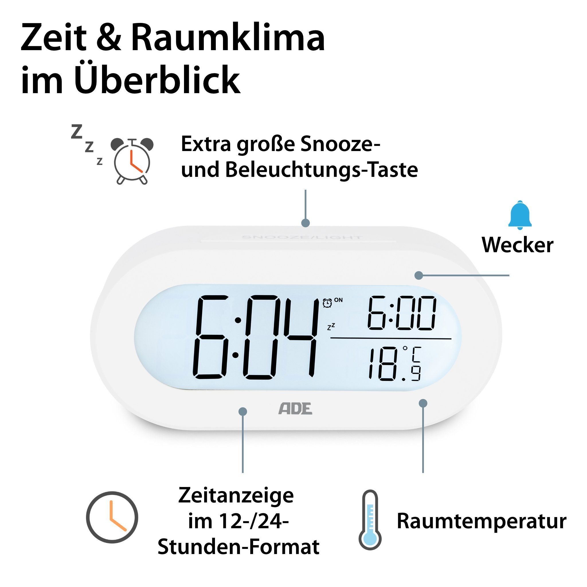 ADE Wecker digital mit Temperaturanzeige Schlummerfunktion, LCD-Display mit Hintergrundbeleuchtung