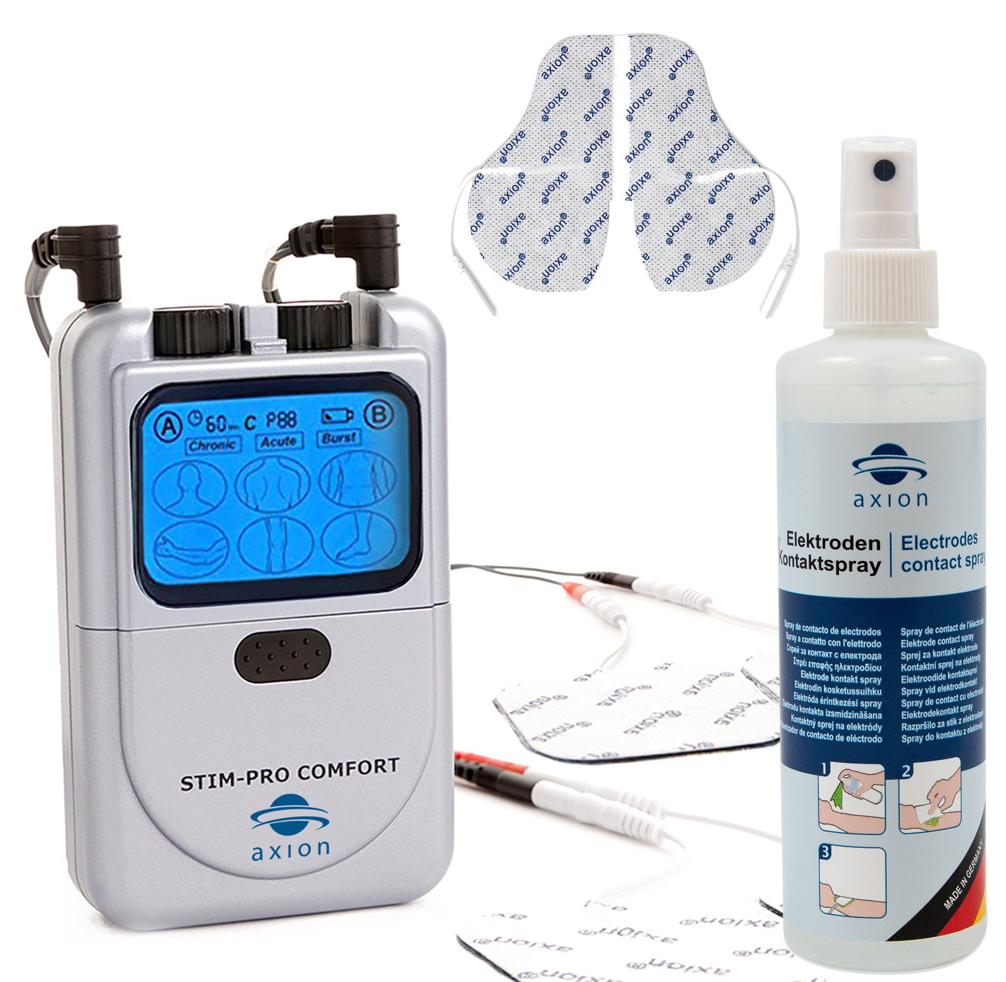 Axion TENS-Gerät STIM-PRO COMFORT mit 4 Elektroden zur Schmerztherapie, mit Reinigungsspray und Nackenelektrode, TENS Gerät gegen Schmerzen