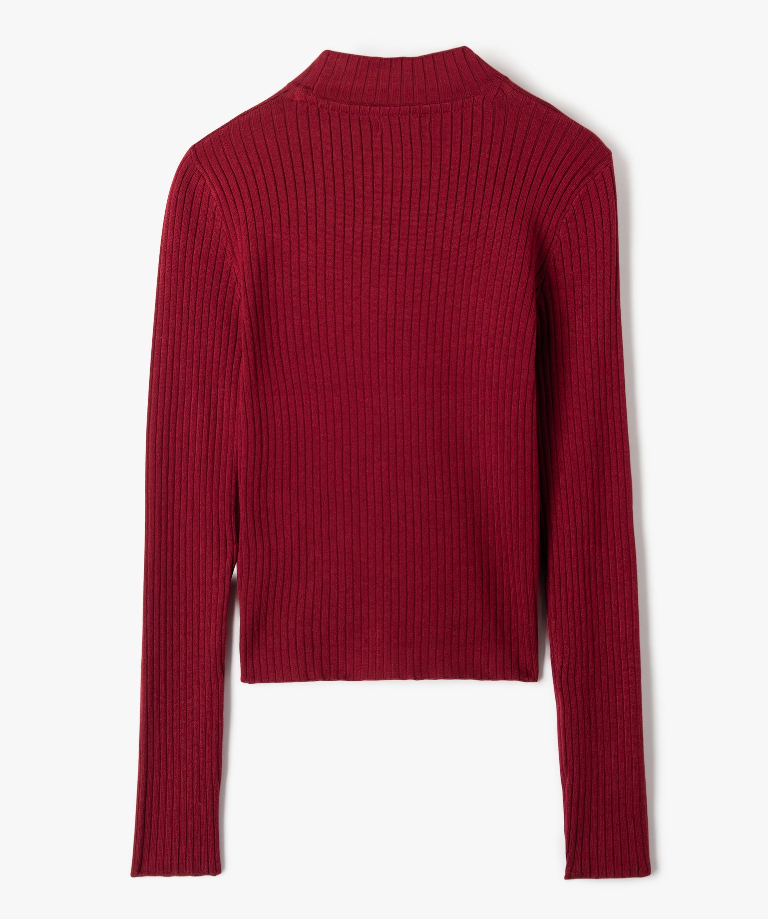 Pull fille court à col cheminée en maille ctelée rouge fonce | GEMO