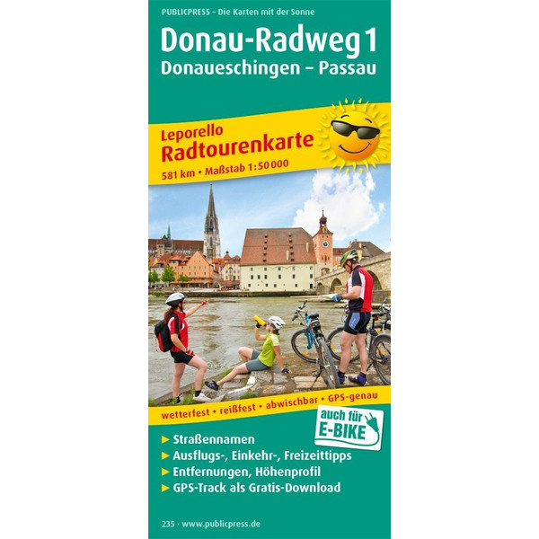Radtourenkarte Donau-Radweg 01. Donaueschingen - Passau 1 : 50 000 - Fahrradkarte
