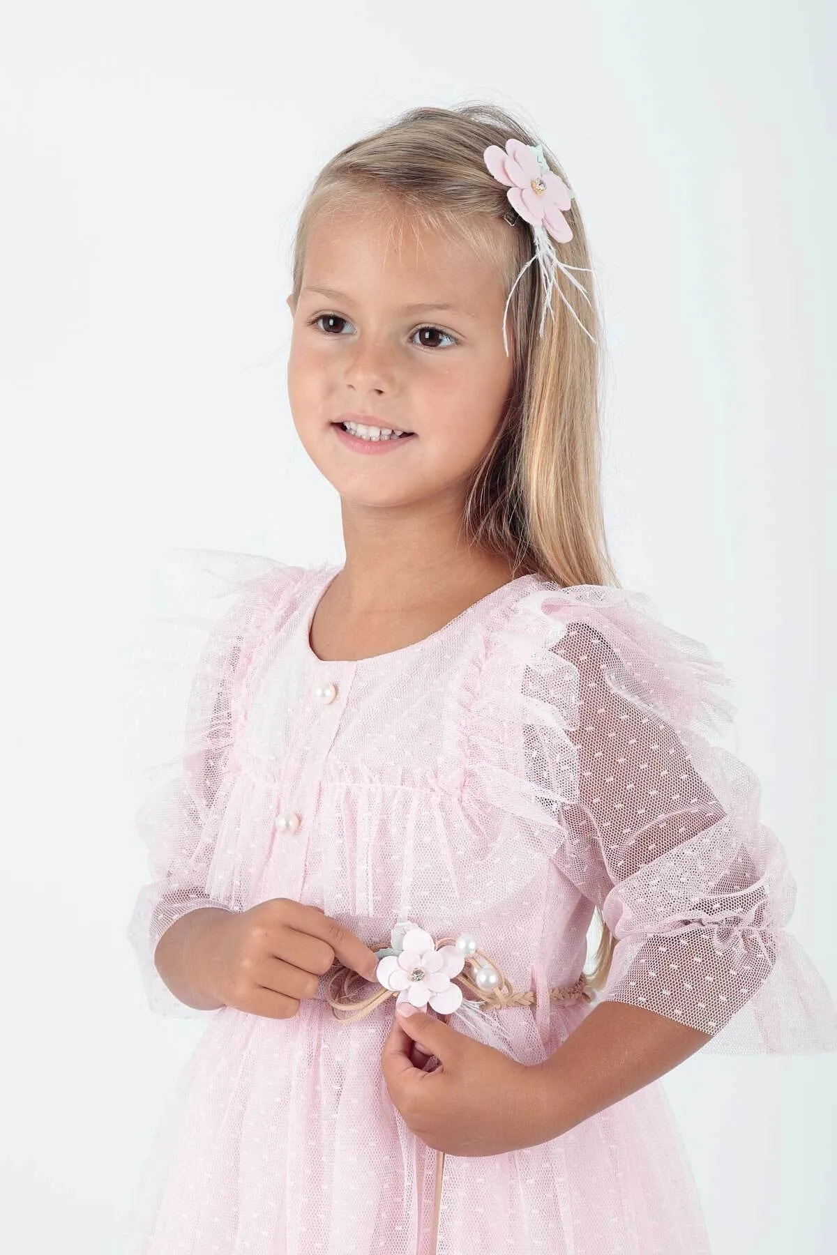 AHENGİM  Mädchen-Abendkleid aus Spitze und Tüll mit Schnalle und Gürtel Ak2206