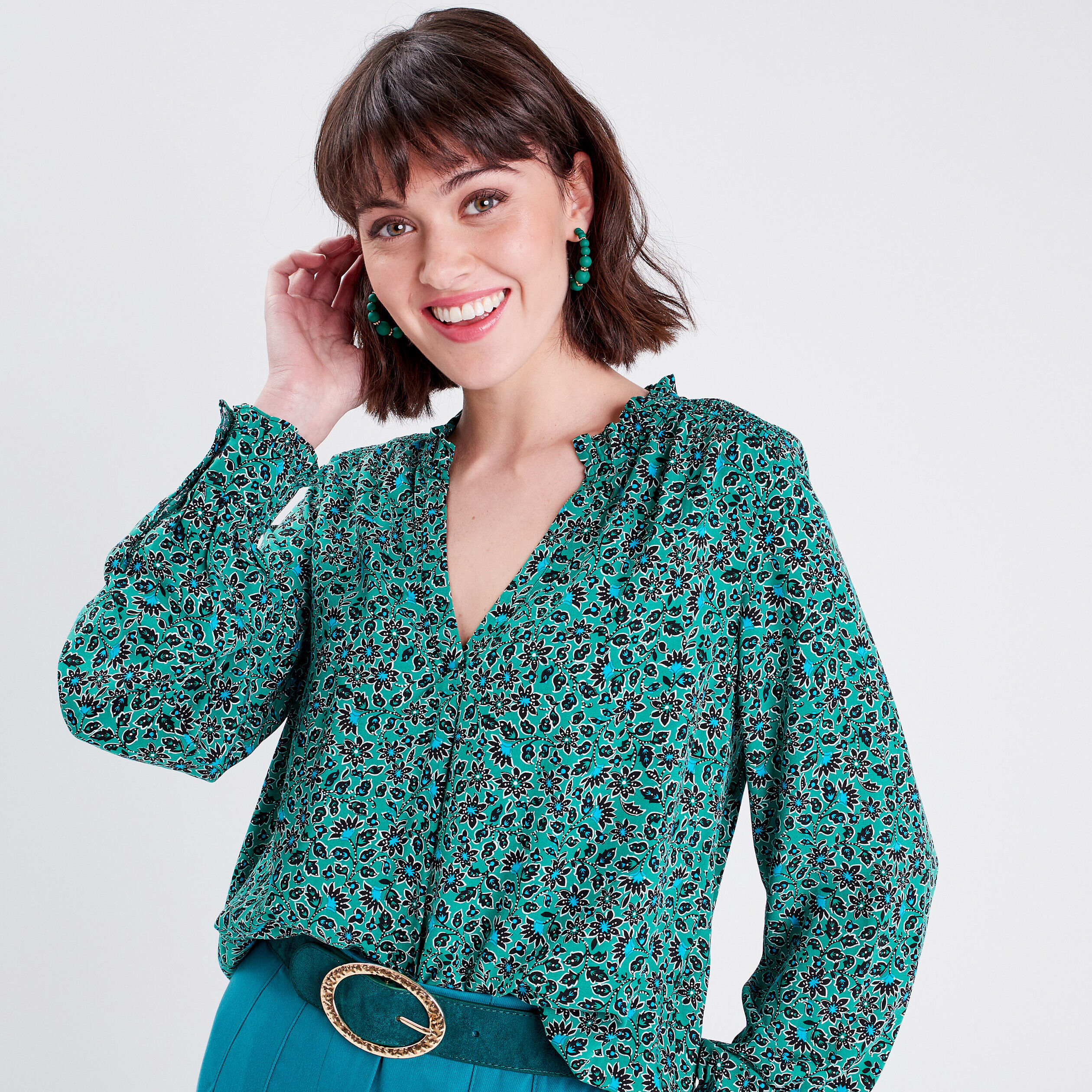 Blouse manches longues vert femme | Cache Cache