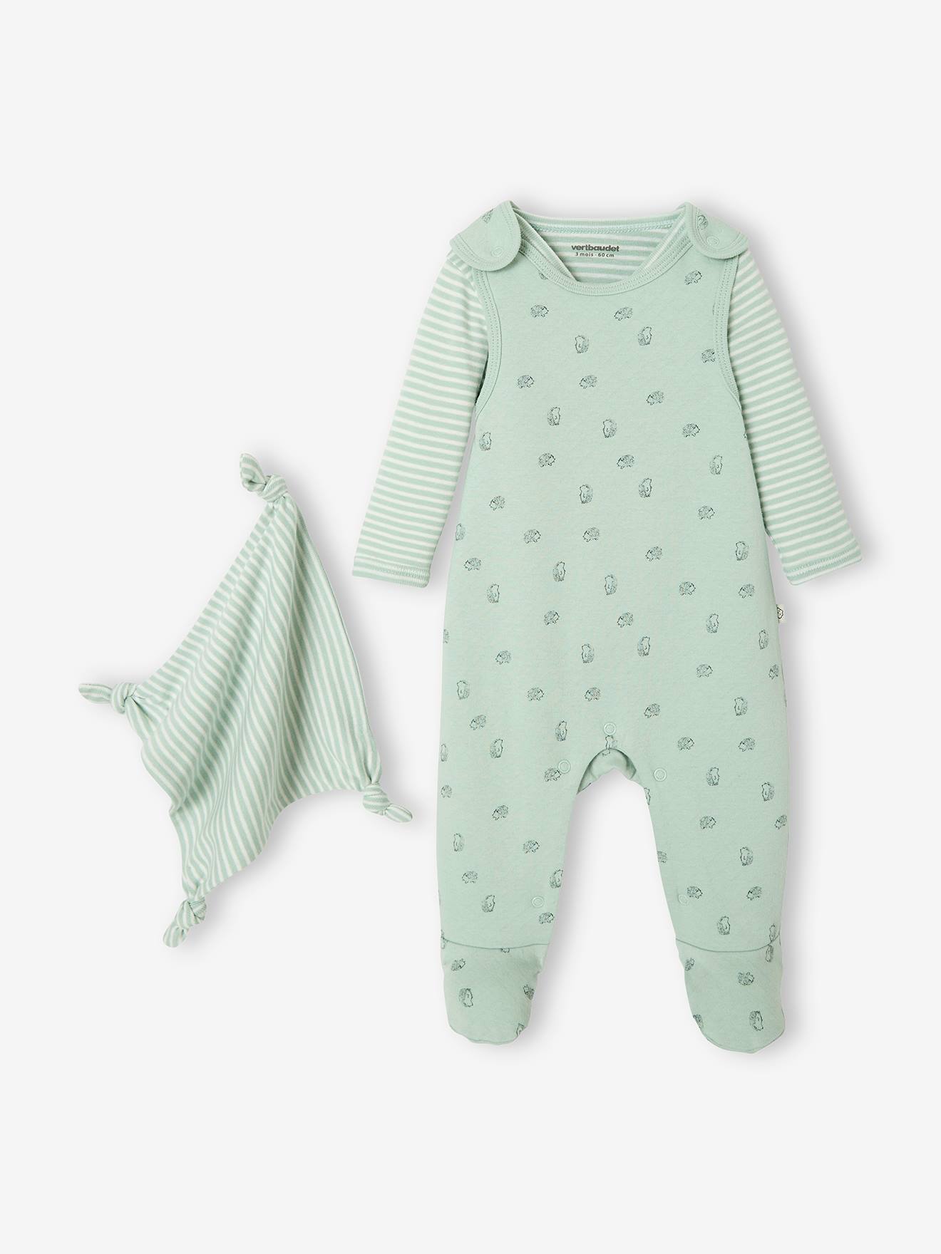 Ensemble naissance combinaison + body + doudou en coton bio vert amande