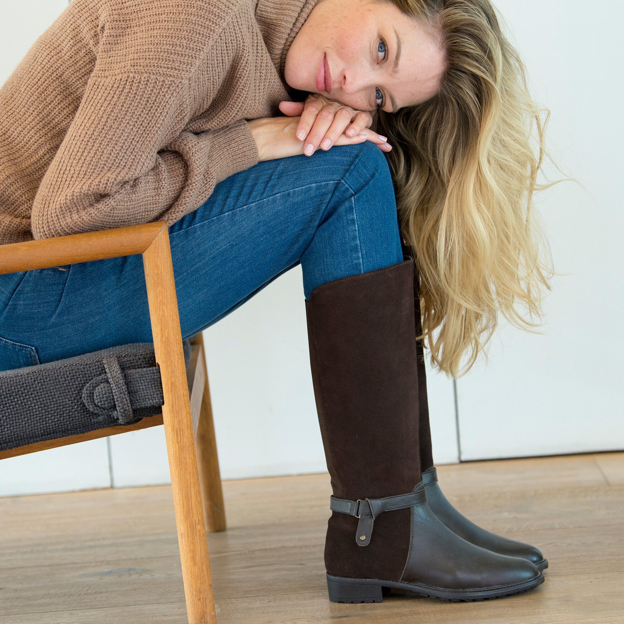 Bottes en cuir bimatière à mollets élastiqués