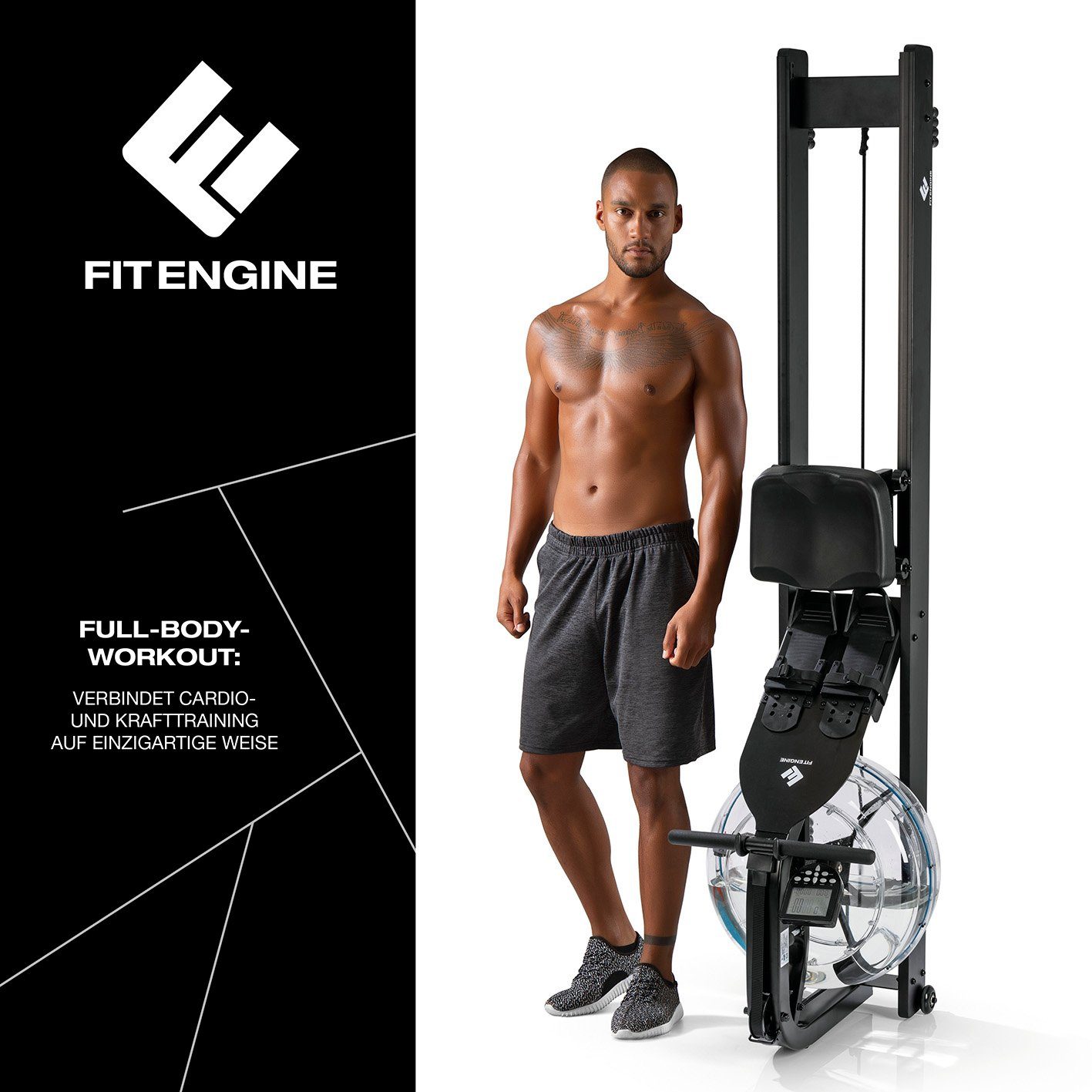 FitEngine Rudergerät Wasserrudergerät Echtholz Trainingscomputer 210cm schwarz, Wasserwiderstand passt sich automatisch an