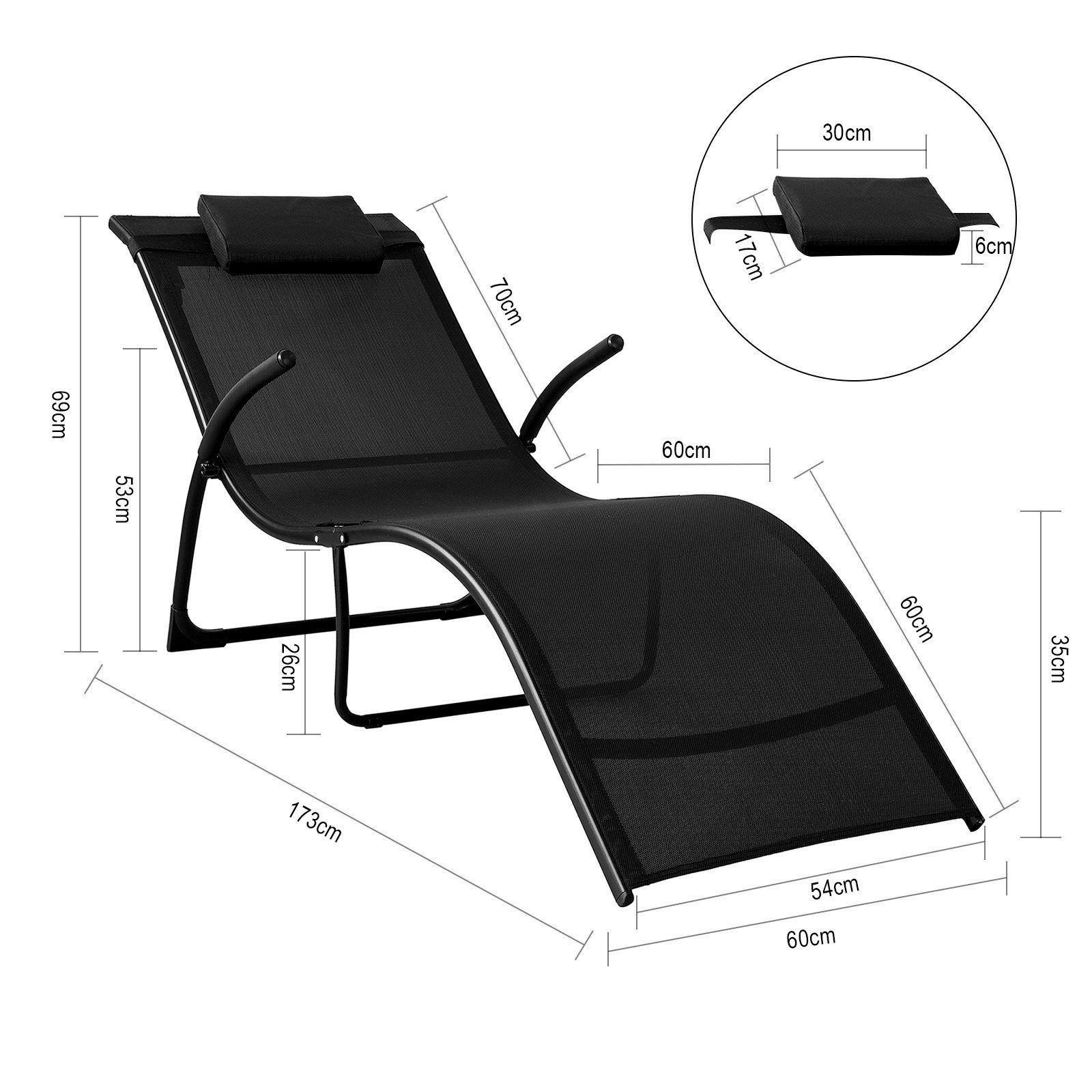 SoBuy Gartenliege OGS45 Sonnenliege klappbar Relaxstuhl Liegestuhl mit Kopfkissen Klappliege Schwarz Belastbarkeit 150 kg