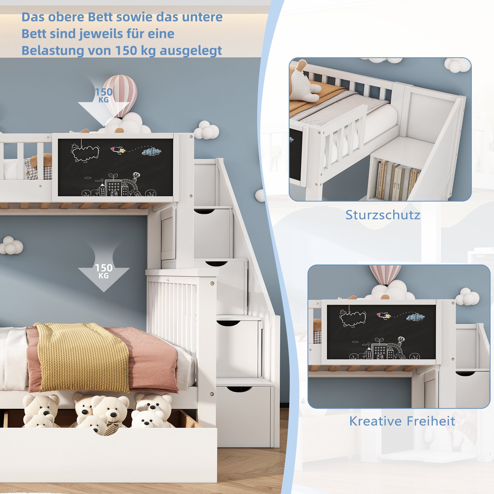 OKWISH Etagenbett Kinderbett, mit Tafel Treppe Schubladen 90x200cm+140x200cm