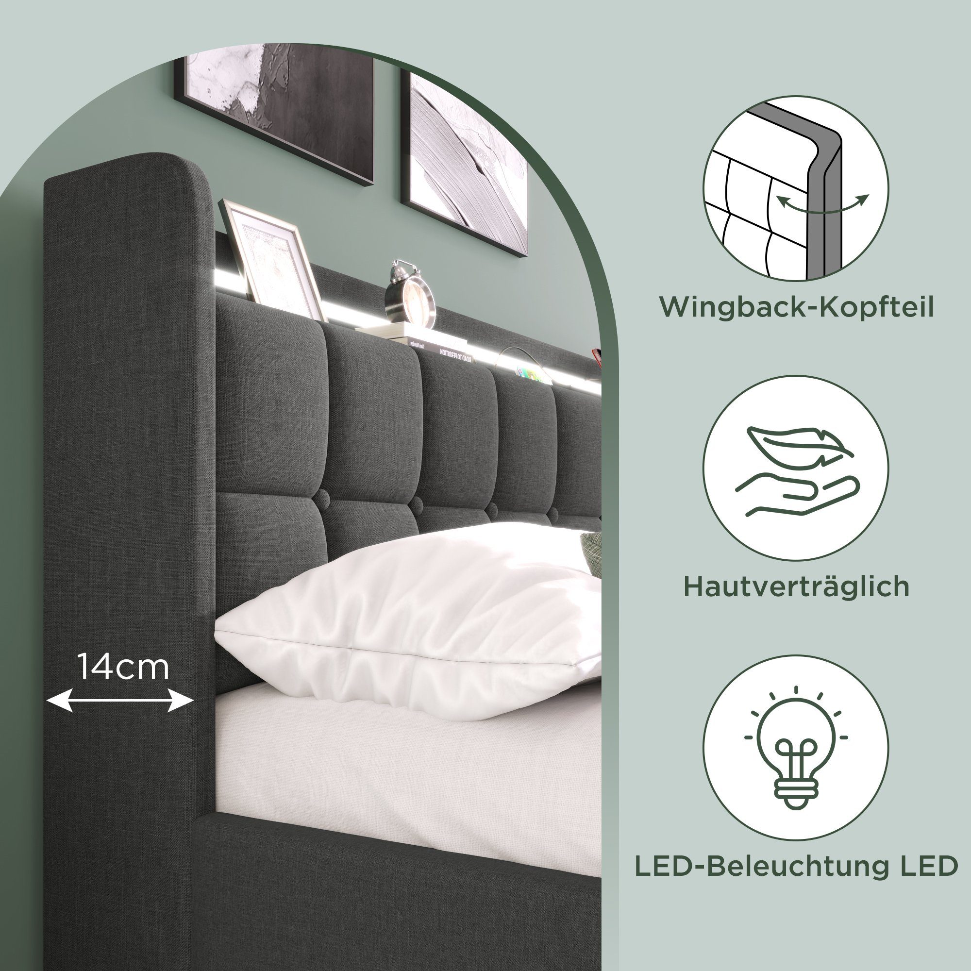 HAUSS SPLOE Polsterbett Polsterbett Doppelbett Funktionsbett Bettrahmen mit Schubladen (mit aufladen USB Ladefunktion LED-Beleuchtung und 2 Schubladen, 90 x 200 cm ohne-Matratze)