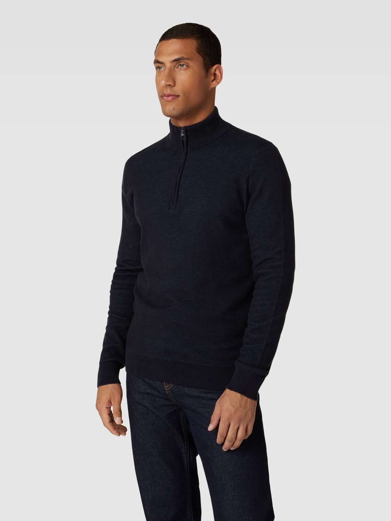 Strickpullover mit Troyer-Kragen und Reißverschluss in marineblau
