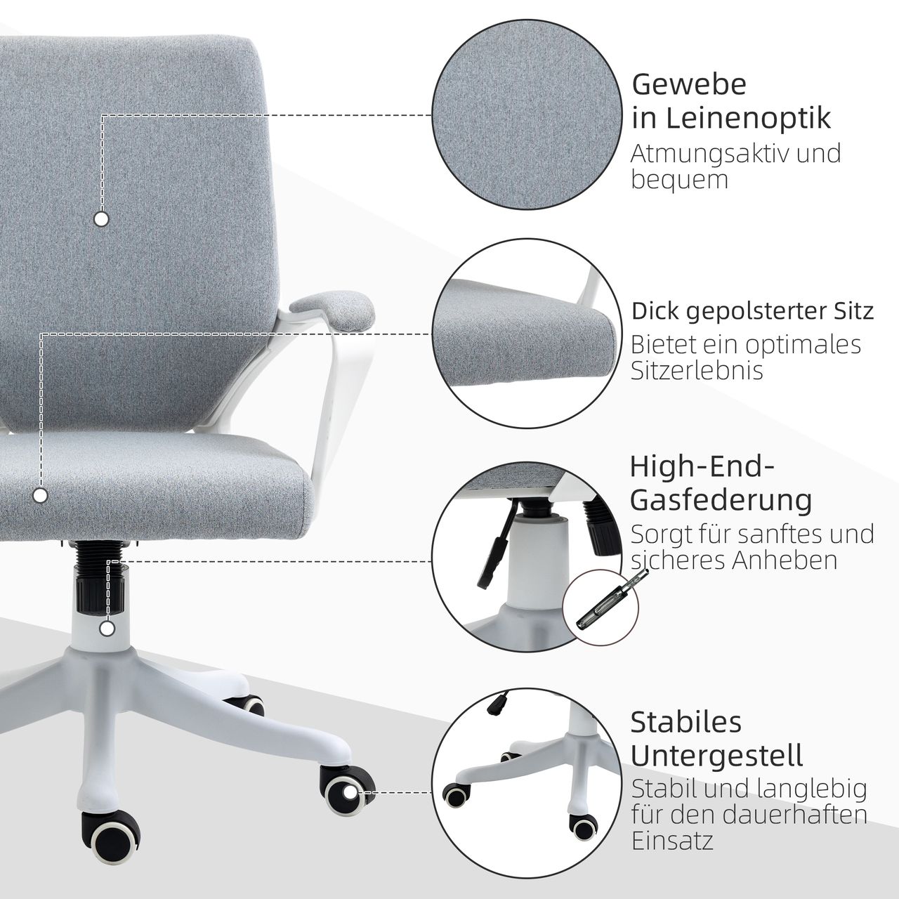 Vinsetto Bürostuhl Drehstuhl höhenverstellbarer ergonomisch Polyester Grau Weiß