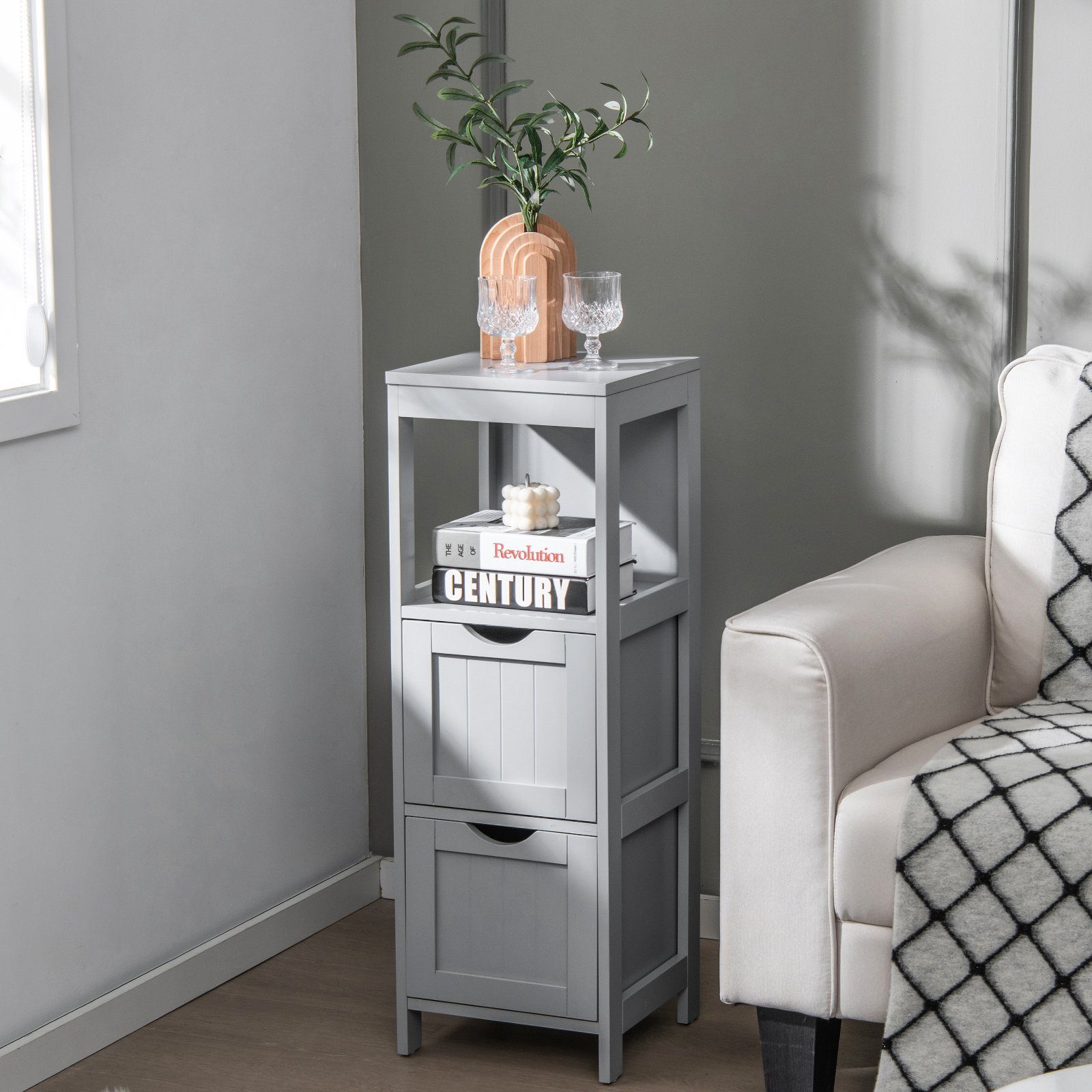 COSTWAY Badkommode, Badezimmerschrank, mit 2 Schubladen & Regal, 30x30x90cm
