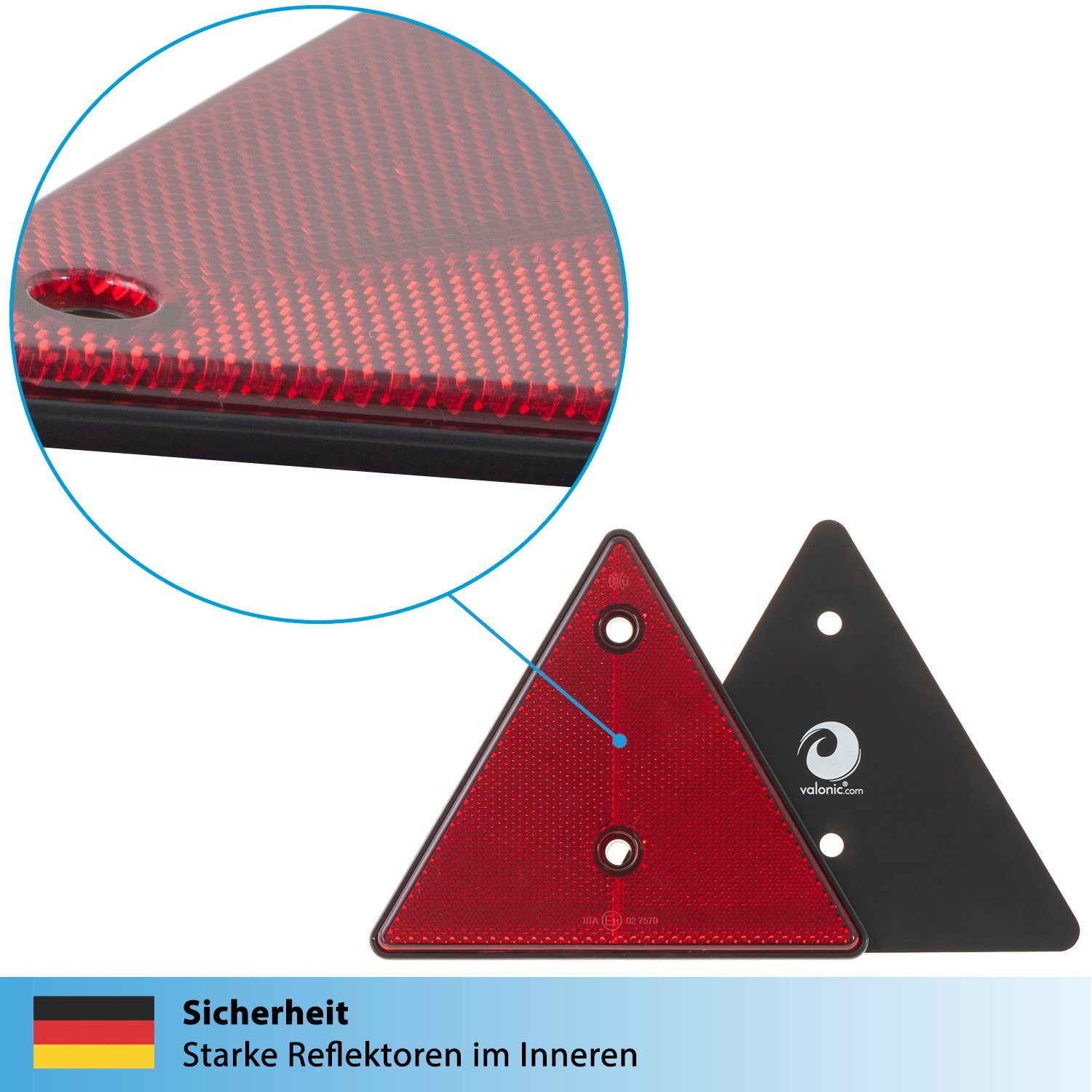 valonic Motorradanhänger Dreieckrückstrahler, Anhängerreflektor, E11 Prüfzeichen, 2 Stück