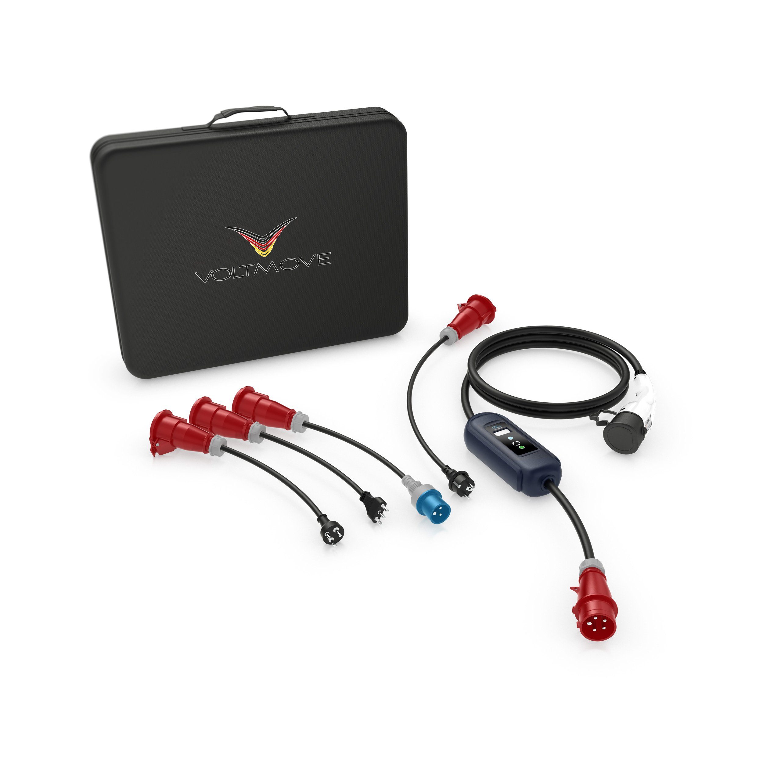 VOLTMOVE mobile Elektroauto-Ladestation Typ 2 auf CCE16 3P mit mobiler Wallbox, 11,00kW / 16A, Reise-Set mit 4 Adaptern, Wandhalterung & Koffer