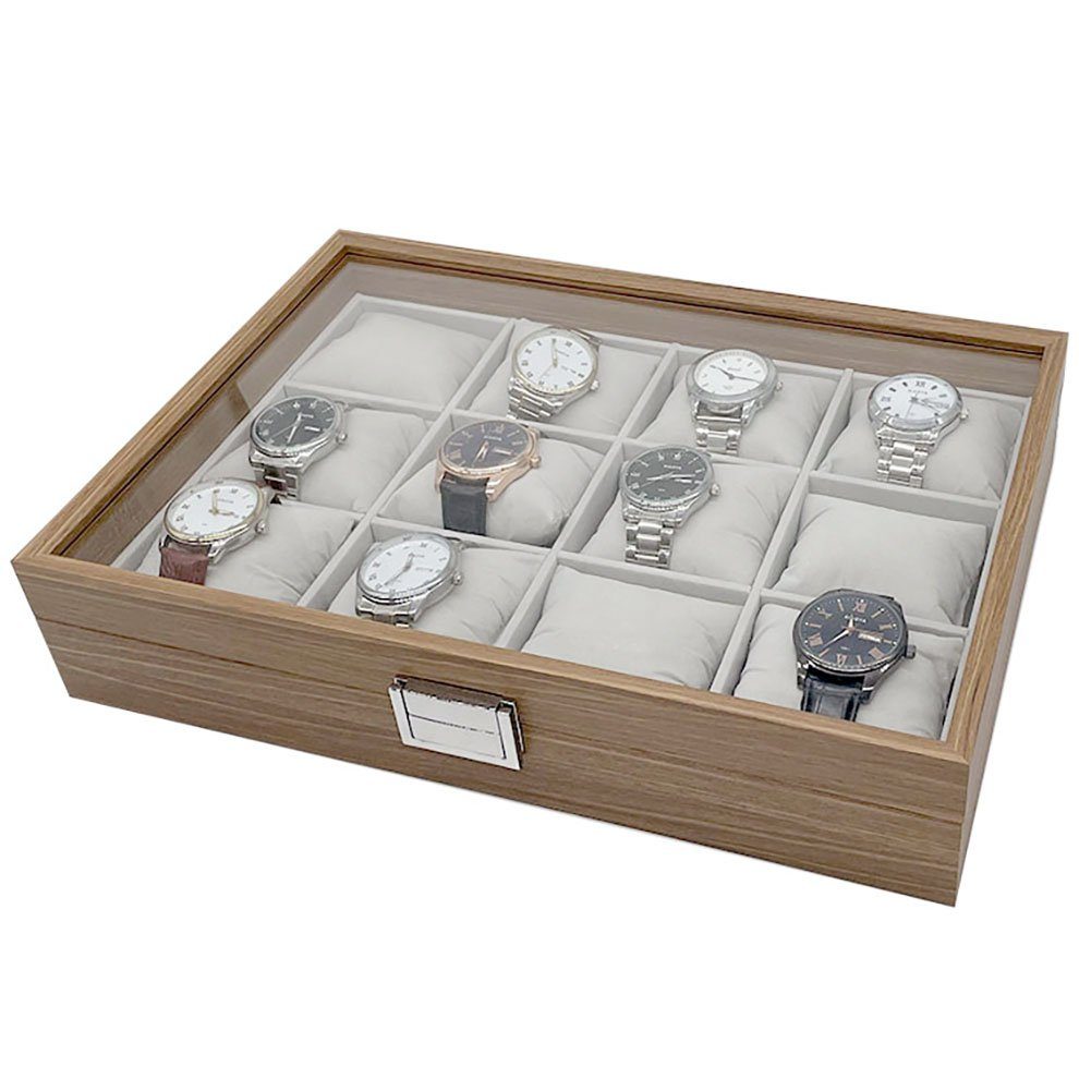 mixed24 Schmuckkasten Holz Uhrenkoffer für 12 Uhren, mit Echtglas Deckel