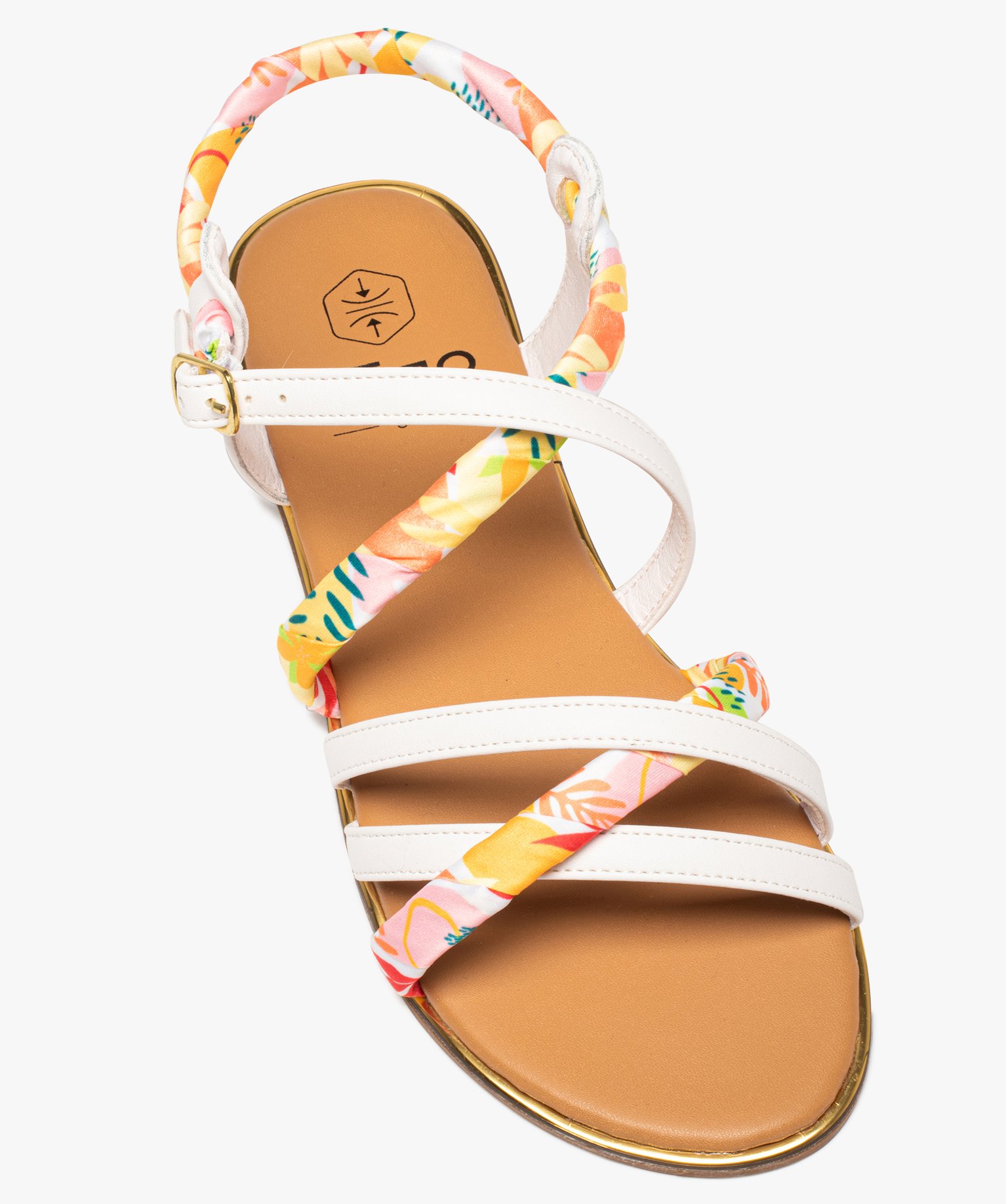 Sandales femme à talon plat et brides foulard imprimé blanc | GEMO