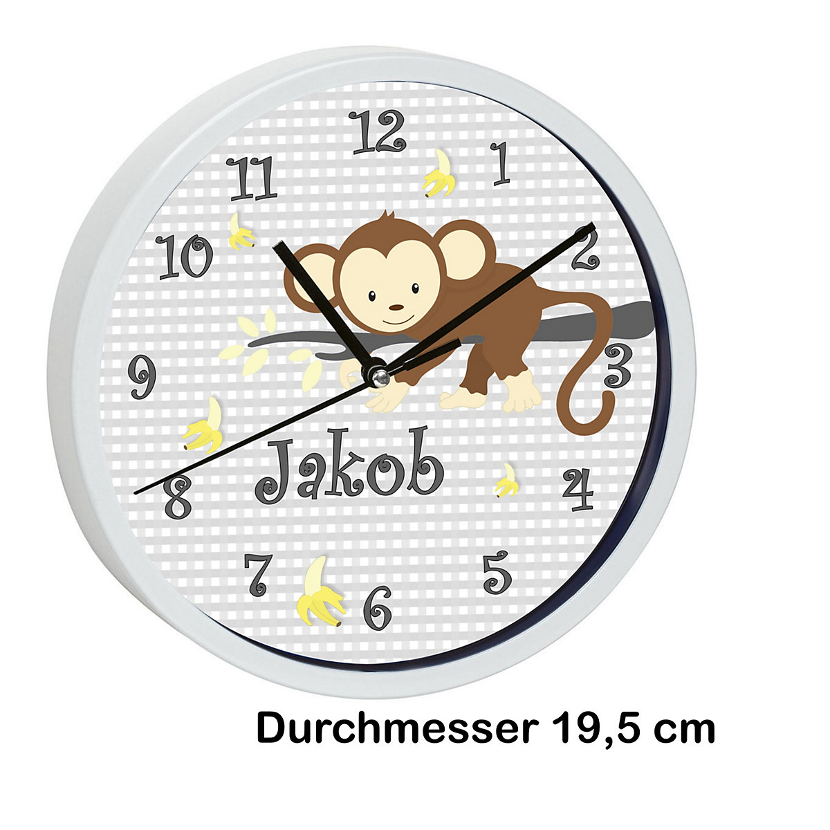 Kinder Wanduhr personalisiert mit Name Affe hängend Grau