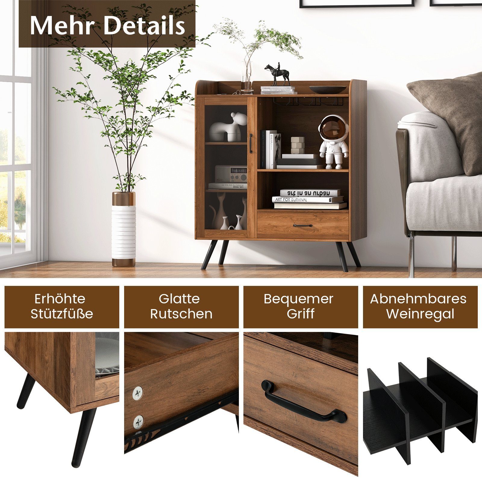 COSTWAY Weinschrank mit Weinregal, Glashaltern, Schublade & Tür, 80x40x95cm