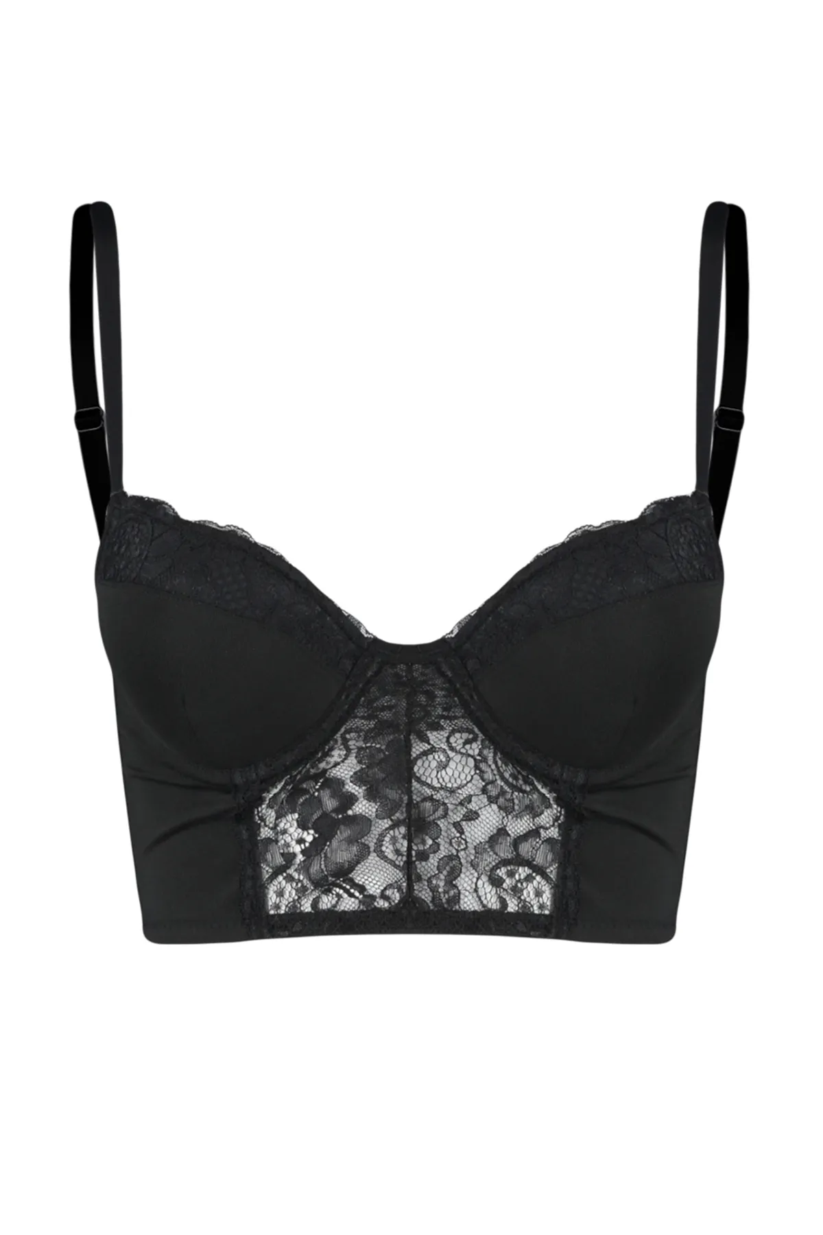 Trendyol Collection  Schwarzer, extra Push-Up-Bustier-Strick-BH mit Mikrospitze und String-Trägern THMAW24SU00022