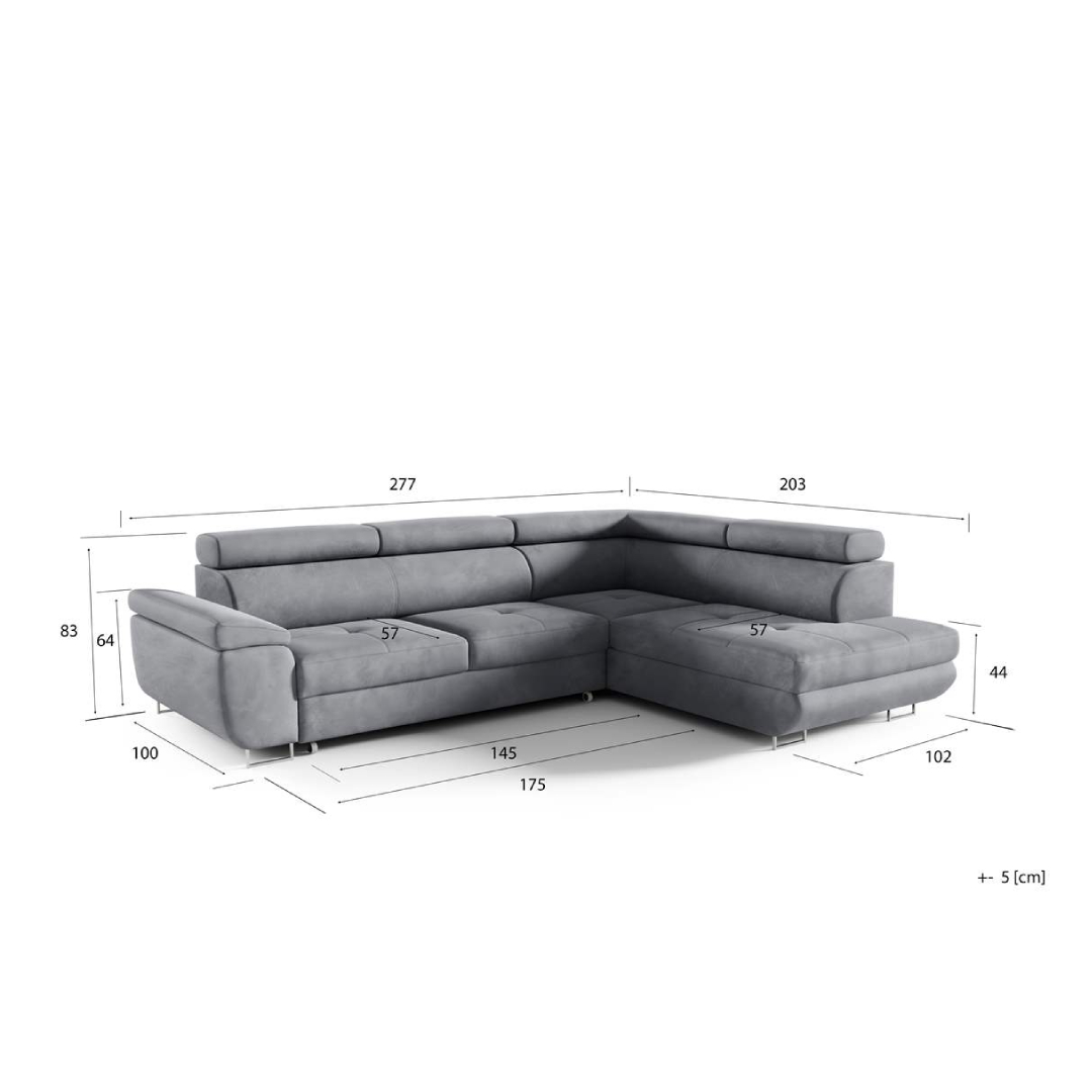 Möbel Punkt Wohnlandschaft Ecksofa Monaco Samt Grau mit Bett Bettkasten Kopfteilverstellung Bett Sofa Schlafsofa Ottomane rechts