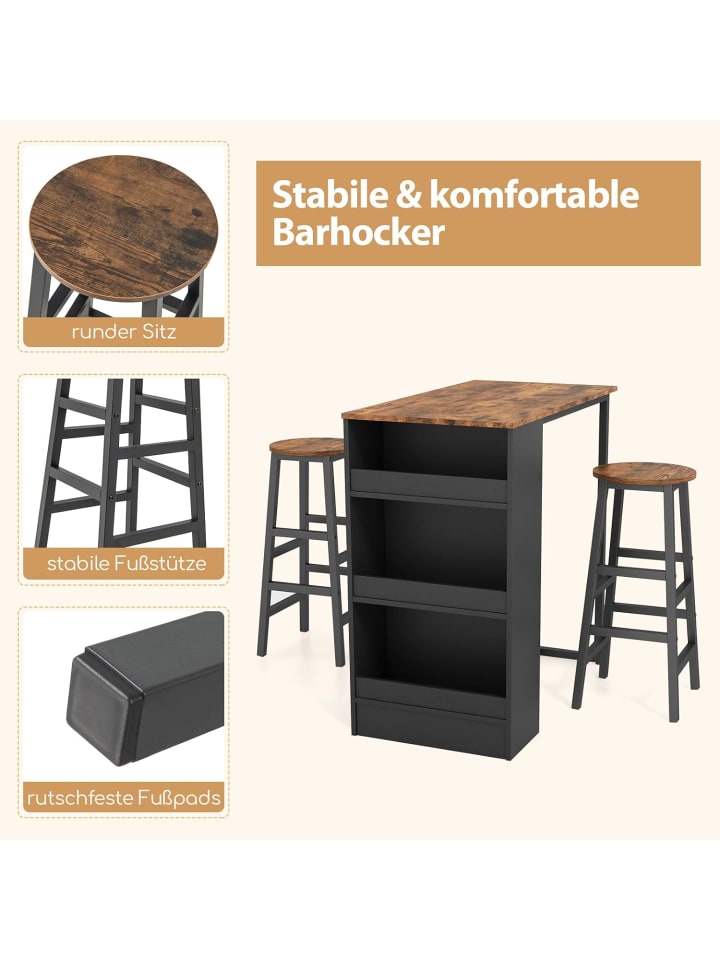 COSTWAY Bartisch 3er Set mit Barhocker in Hellbraun günstig kaufen onesize
