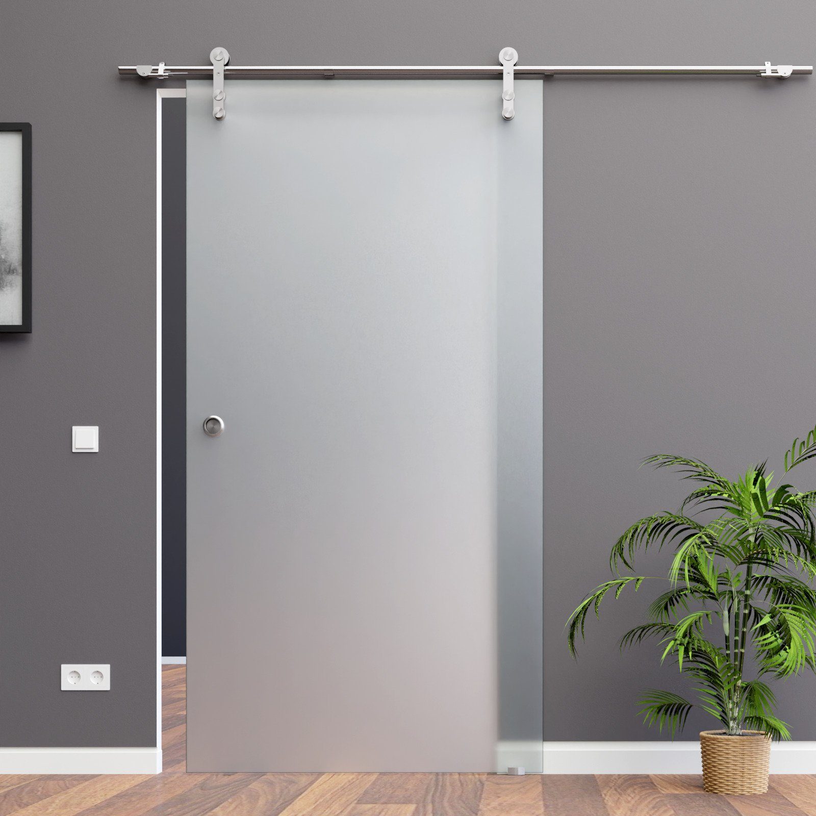 AMOD Glasschiebetür S-SSOE (Edelstahl, Komplett Set), mit Griffmuschel und SoftStop